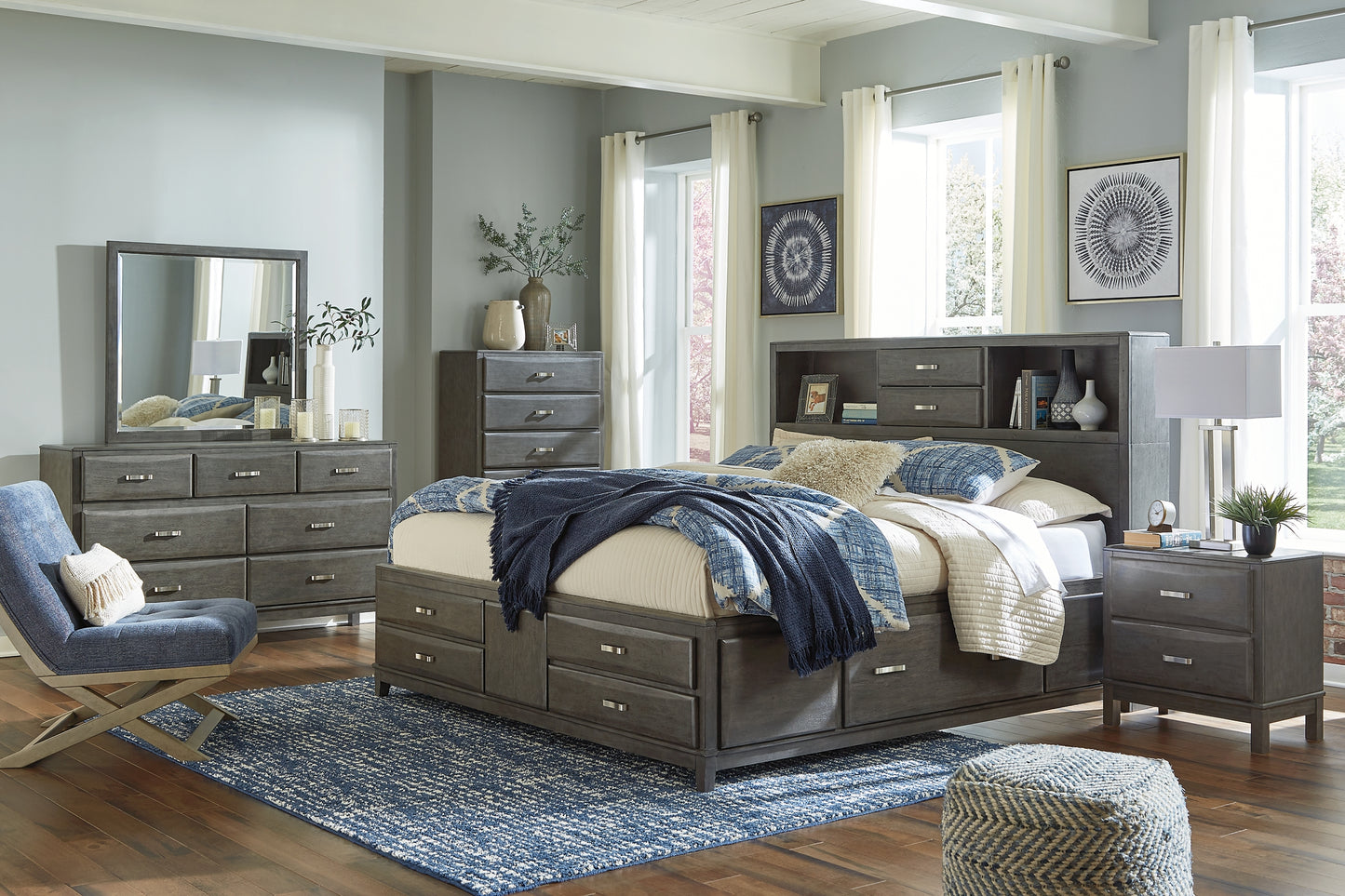 Caitbrook  Storage Bed With 8 Storage Drawers With Mirrored Dresser, Chest And Nightstand