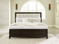 Neymorton California King Upholstered Panel Bed with Mirrored Dresser