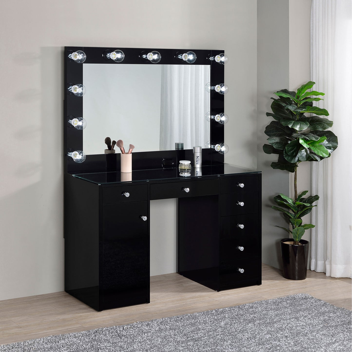 Acena 7-drawer Vanity Set with Lighting Black High Gloss