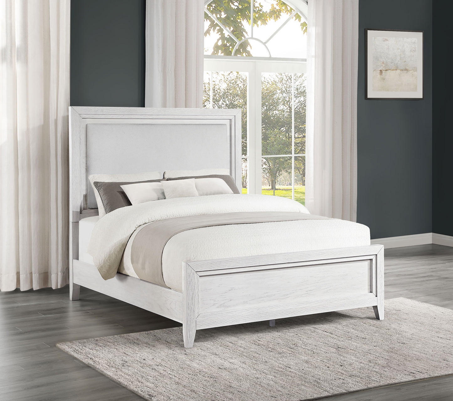 Marielle Queen Upholstered Panel Bed Distressed White