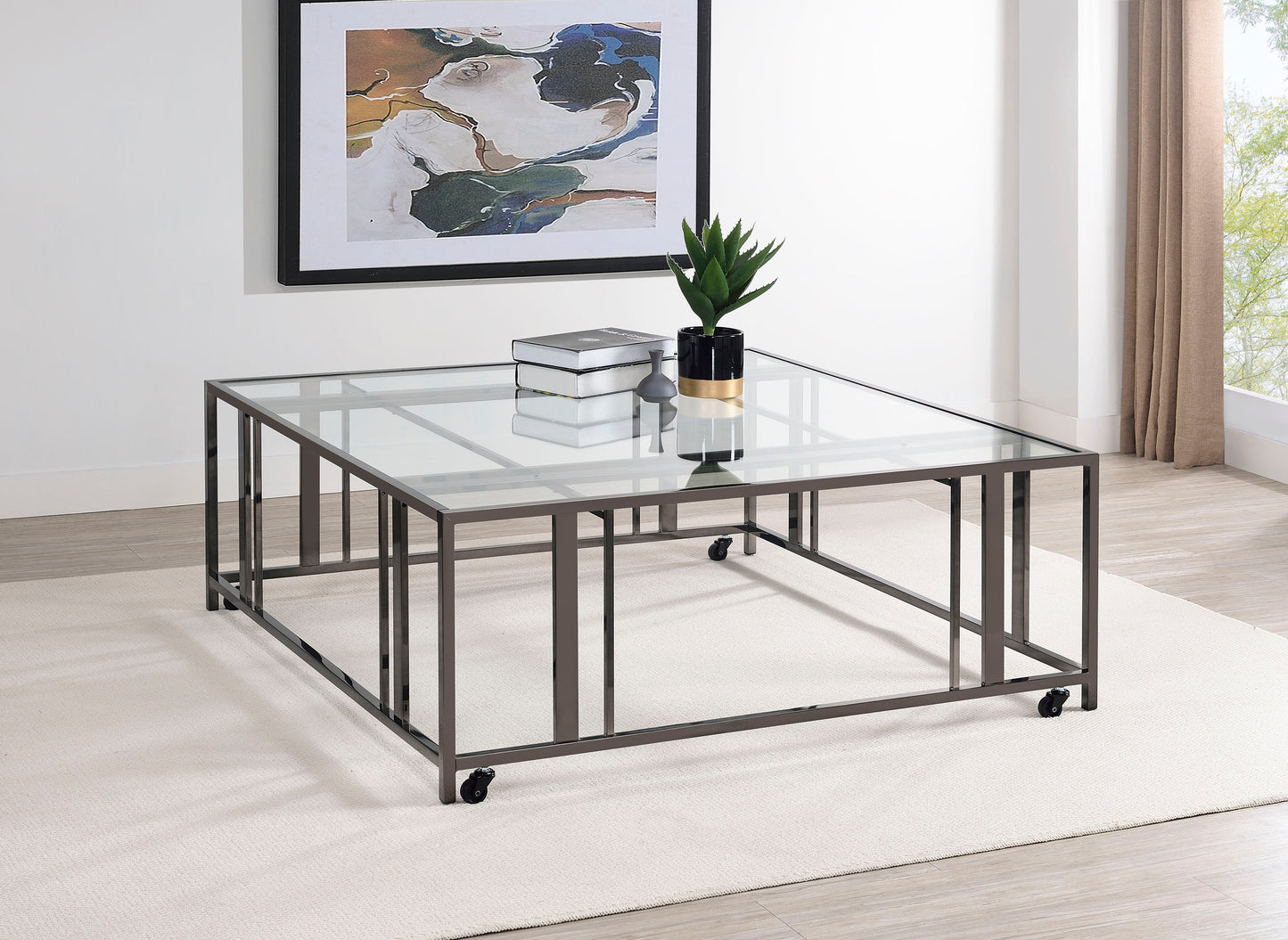 Adri Square Glass Top Coffee Table with Casters Black Nickel