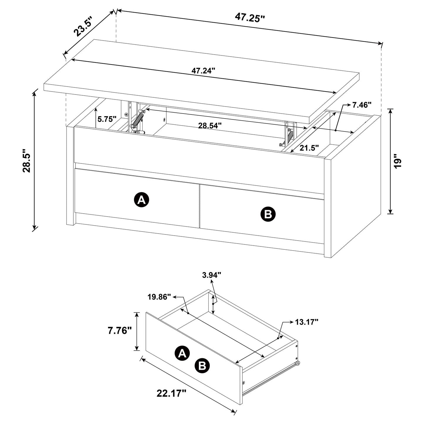 Knapp Lift Top Cocktail Coffee Table with Dual Drawers Black