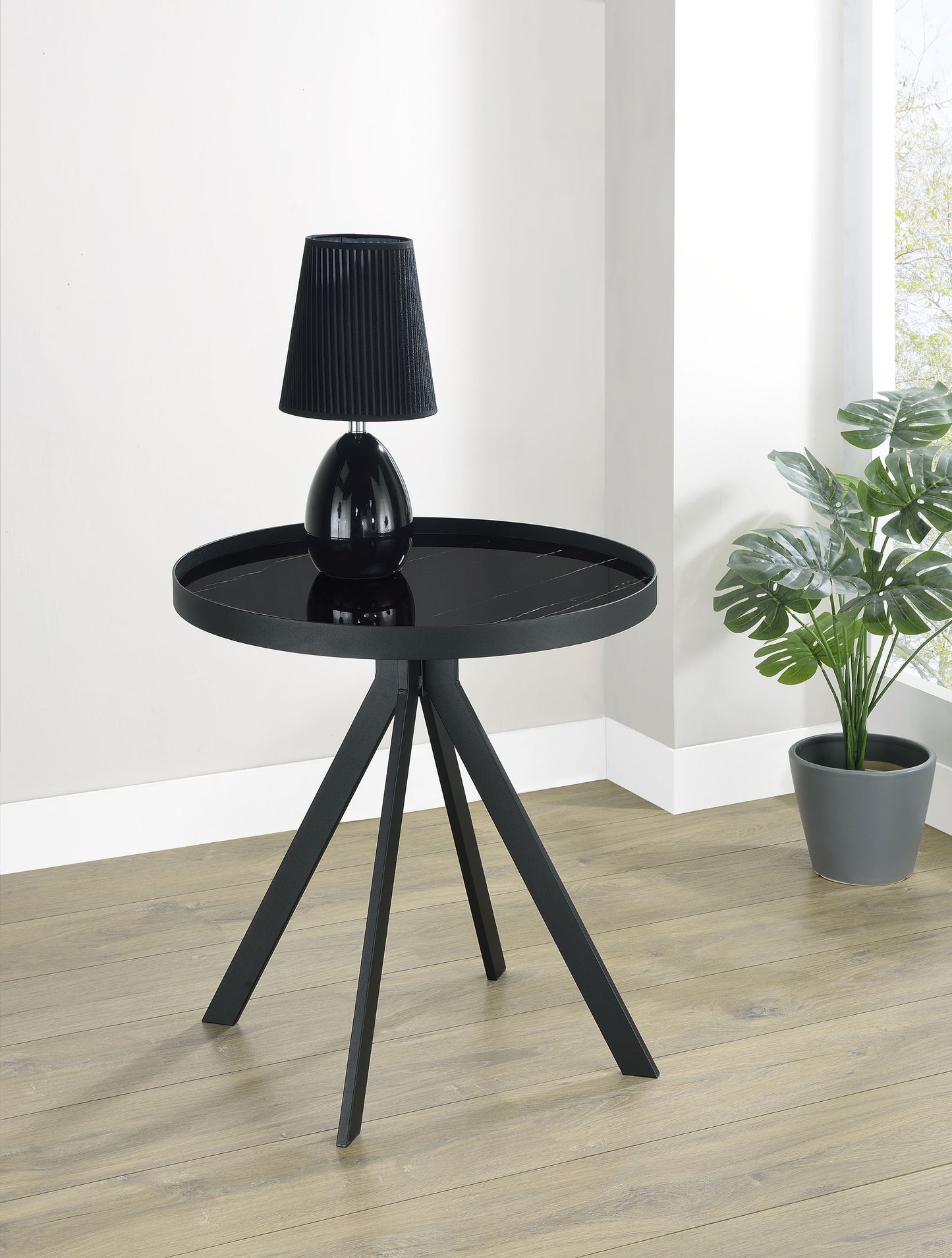 Briggs Round Marble Printed Glass Top End Table Black