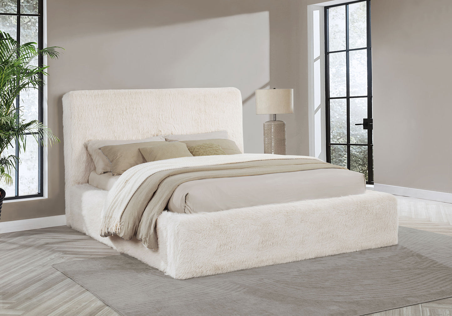 Rebecca Faux Fur Upholstered California King Bed Cream