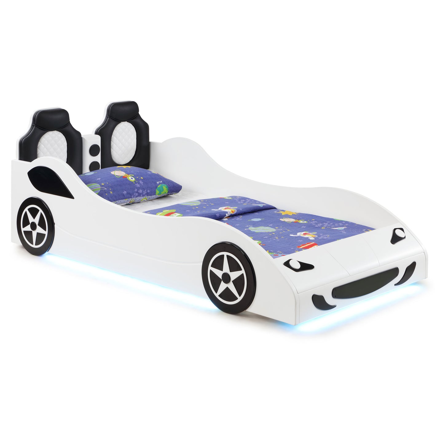 Cruiser Wood Twin LED Race Car Bed and 7-inch Mattress White