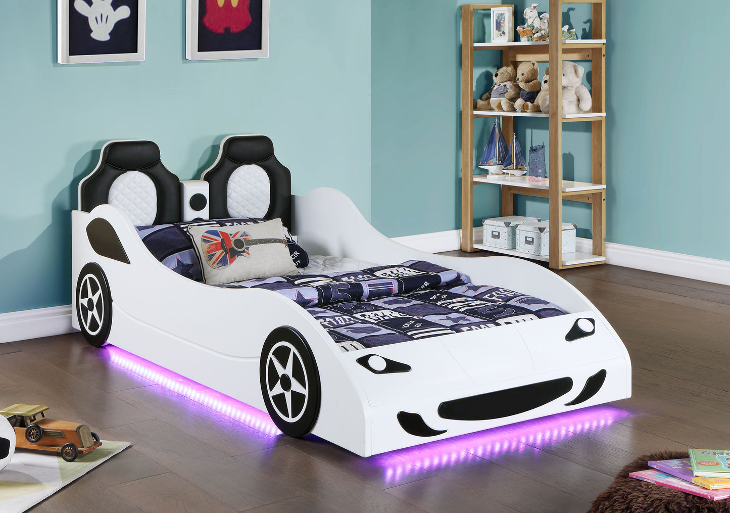 Cruiser Wood Twin LED Race Car Bed and 7-inch Mattress White