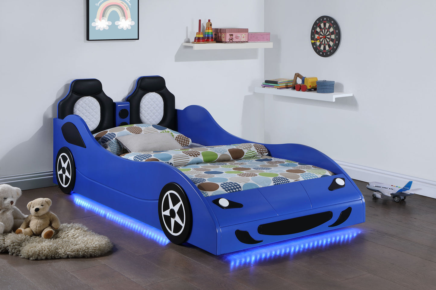 Cruiser Wood Twin LED Race Car Bed and 7-inch Mattress Blue