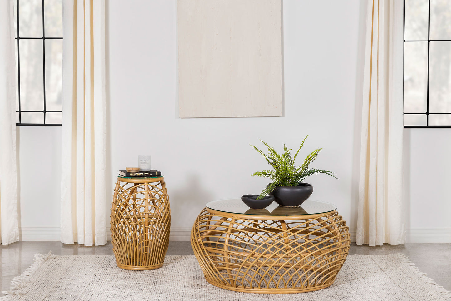 Dahlia 2-piece Round Rattan Coffee and End Table Set Natural