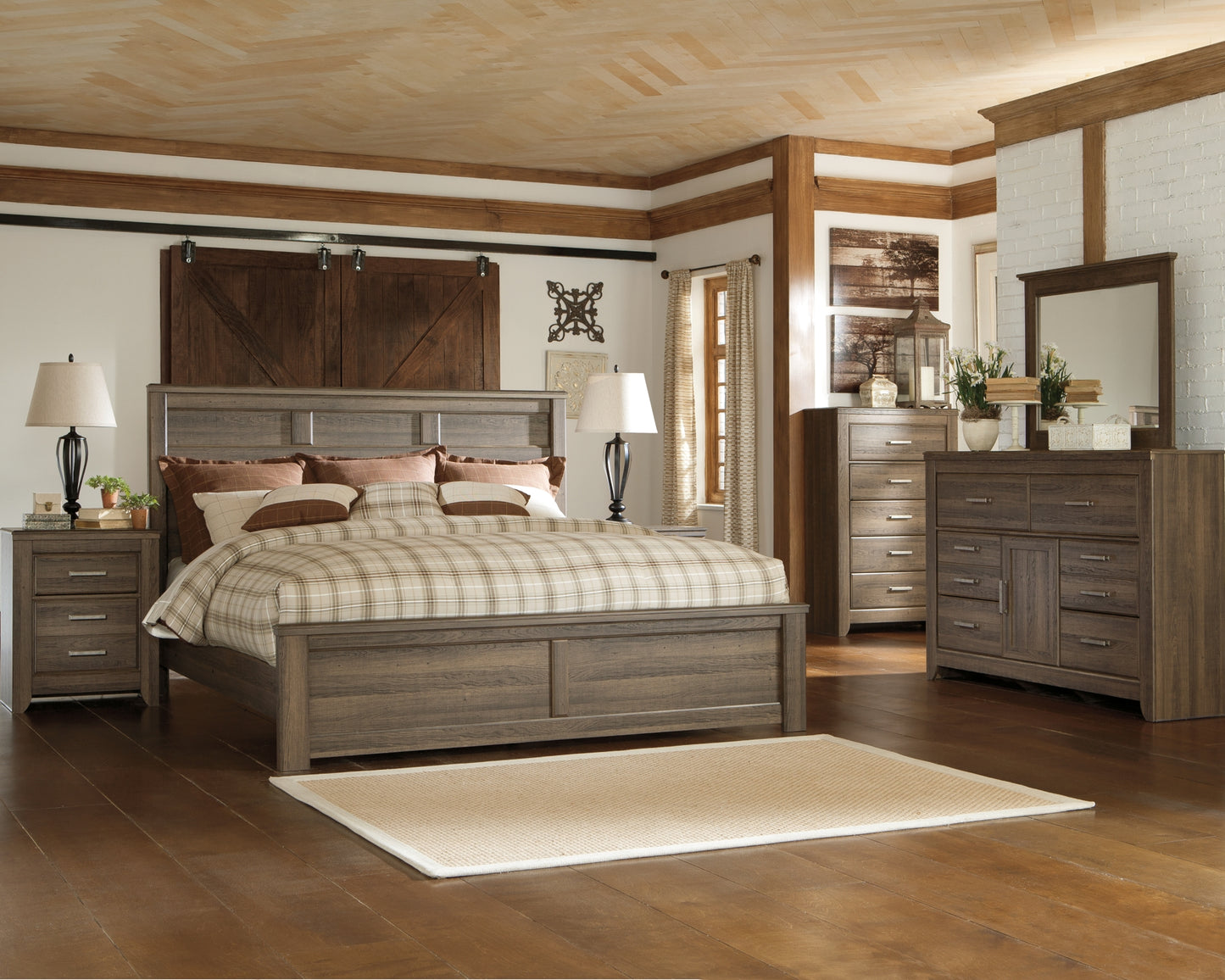 Juararo King Panel Bed with Mirrored Dresser, Chest and Nightstand