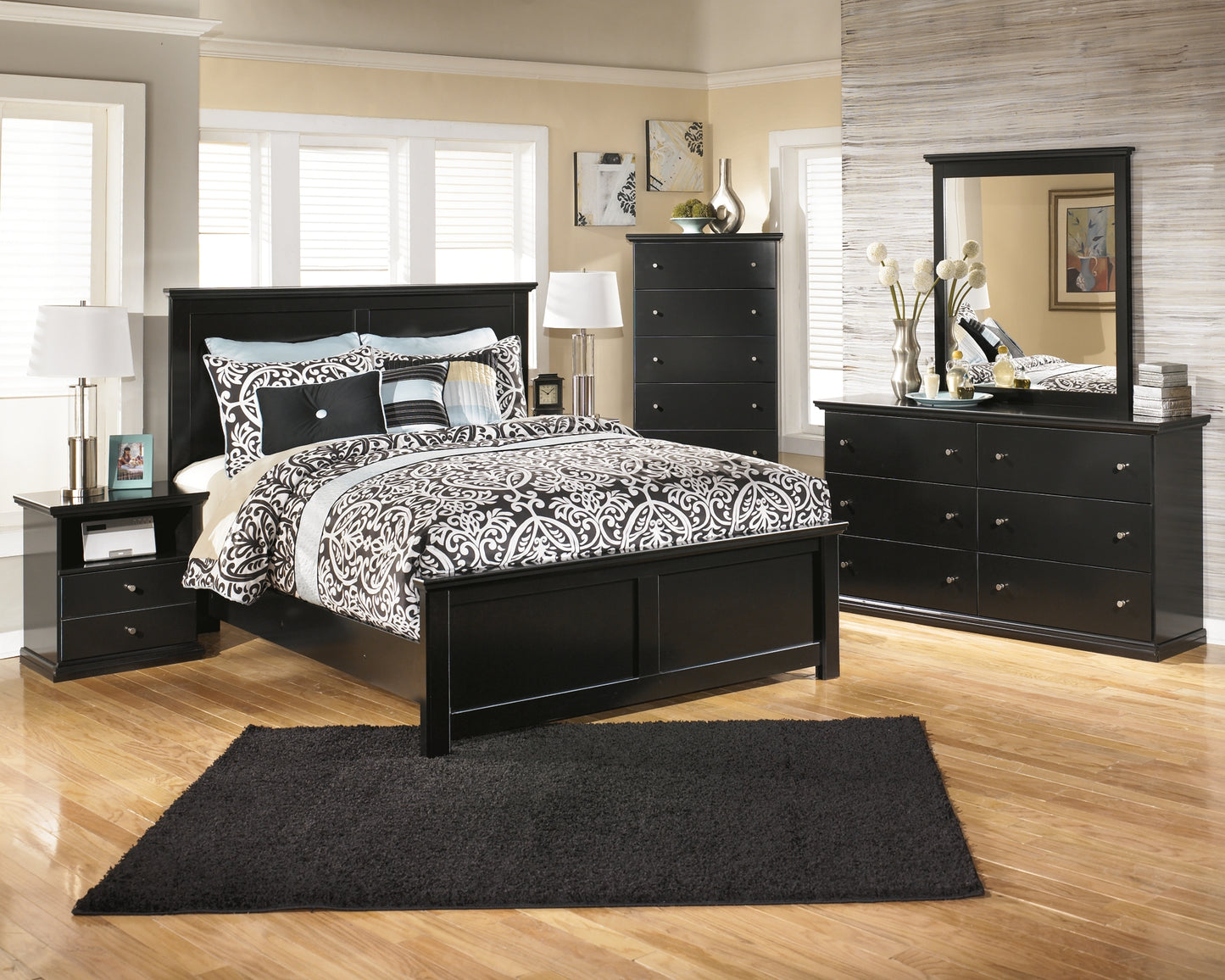 Maribel Queen Panel Bed with Mirrored Dresser, Chest and 2 Nightstands