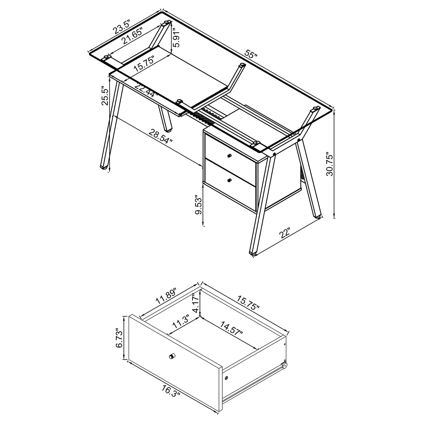 Weaving 55-inch 2-drawer Computer Desk Keyboard Tray Black